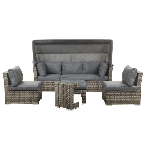 Gartenlounge Set mit Überdachung, zwei Sesseln und Tisch