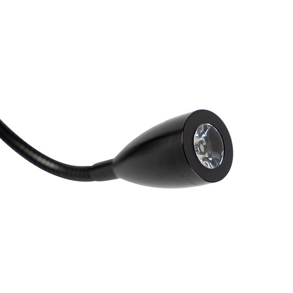 Nahaufnahme einer schwarzen LED-Lampe mit flexiblem Arm.