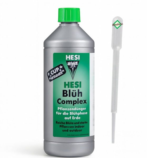 Ausgezeichneter Hesi Blüh Complex Pflanzendünger für die Blühphase auf Erde, indoor und outdoor, Flasche mit Kunststoffpipette.