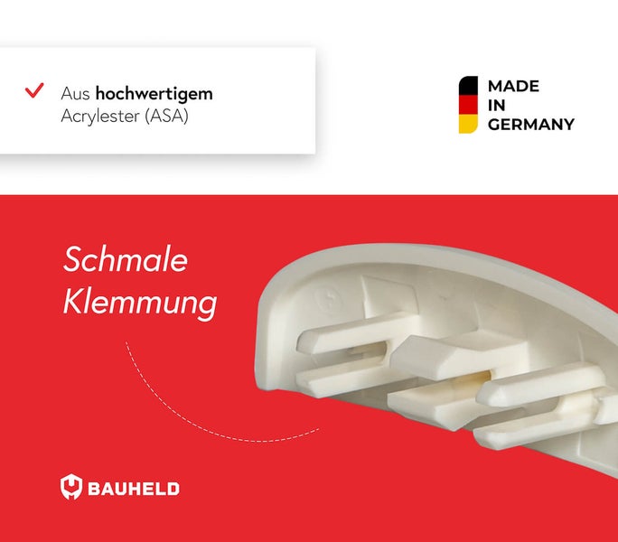 Aus hochwertigem Acrylester (ASA). Hergestellt in Deutschland. Schmale Klemmung.