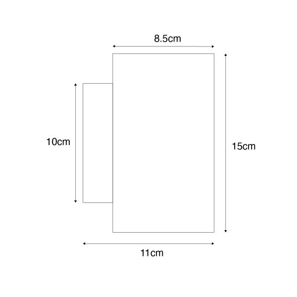 Technische Zeichnung einer rechteckigen Wandleuchte mit Bemaßung 8,5 cm mal 15 cm mal 11 cm.
