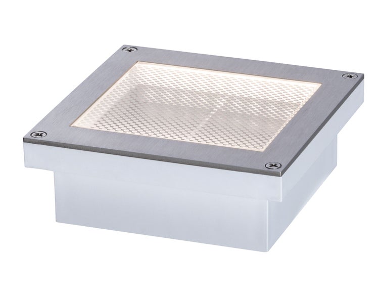 Quadratischer LED Bodeneinbaustrahler aus Edelstahl mit silbernem Rahmen und strukturierter Glasabdeckung.
