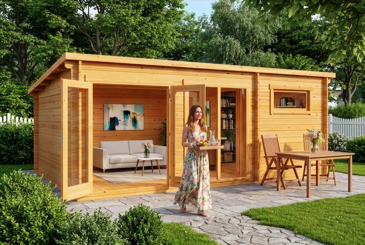 Ein geräumiges Gartenhaus aus Holz mit großen Glastüren, einer Terrasse mit Holztisch und einer Frau, die ein Tablett trägt.