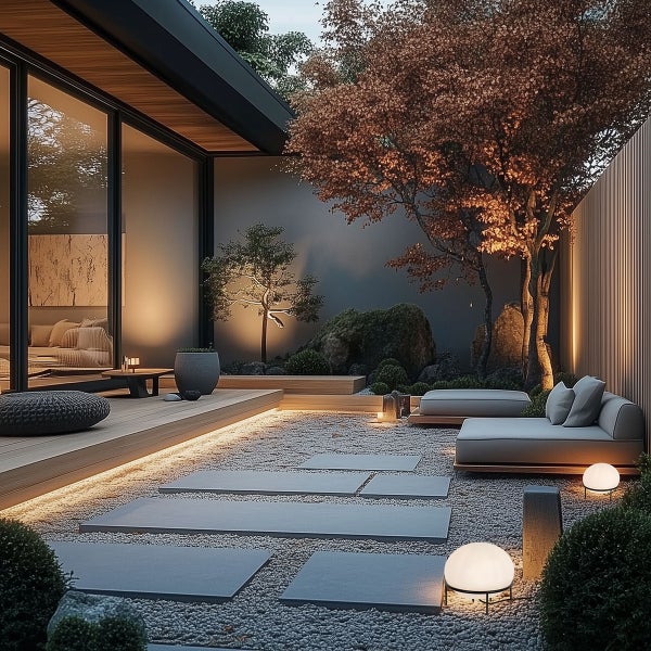 Moderner Zen-Garten mit Holzterrasse, LED-Beleuchtung, Kiesfläche, Trittsteinen, Gartenmöbeln und einem beleuchteten Baum bei Nacht.