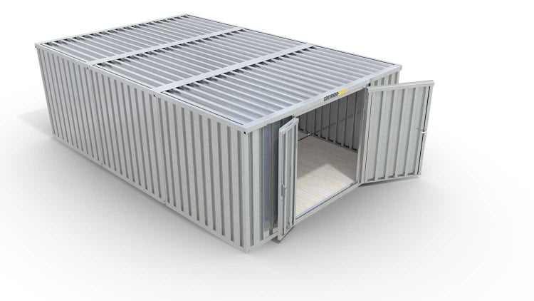 Lagercontainer Gerätehaus M3  – 18 qm, H2150 x B3050 x T6520 mm, verzinkt, mit Holzfußboden, 1830 mm Doppelflügeltür mittig in Stirnseite, zerlegt