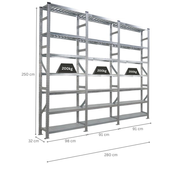 Metallregal mit den Maßen 280 x 250 x 32 cm und einer Fachlast von 200 kg