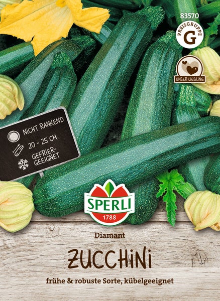 Sperli Zucchini Diamant Saatgut mit Informationen zu Wuchsform Erntegroesse und Gefriereignung fuer den Anbau im Garten oder Kuebel