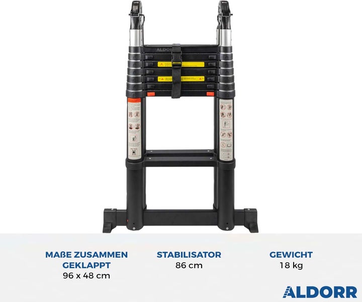 ALDORR Professional - Teleskop-Klappleiter 2,20M+2,20M - Mehrzweckleiter - Belastbarkeit bis zu 150kg - Soft-Close-System