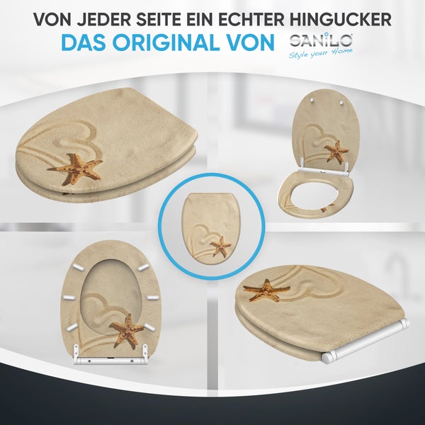 Sanilo WC-Sitz mit Sandmotiv, Herzzeichnung und Seestern aus verschiedenen Perspektiven mit Sanilo Logo.