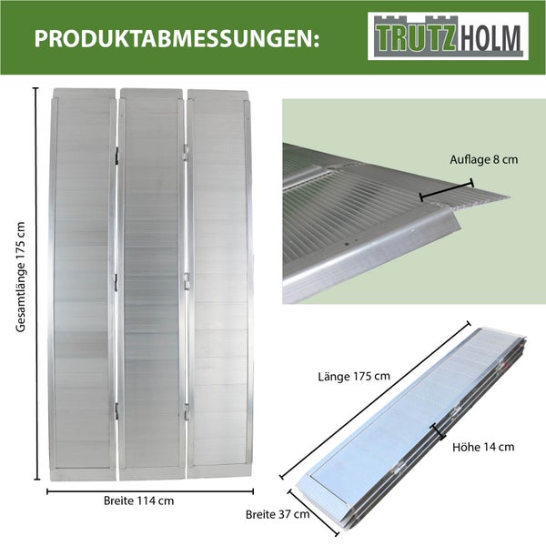 Abbildung der Produktabmessungen einer TrutzHolm Rollstuhlrampe mit den Maßen 175 cm Länge, 114 cm Breite und 8 cm Auflage