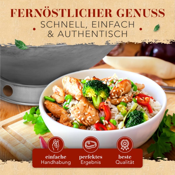 KRUSTENZAUBER 36cm Wokpfanne runder Boden - Traditionelle Stahlwokpfanne mit Wokwender u. Wokring - Wok Pfanne, Wok Induktion, Woklette, Wok Zubehör, Carbon Steel Wok Karbonstahl