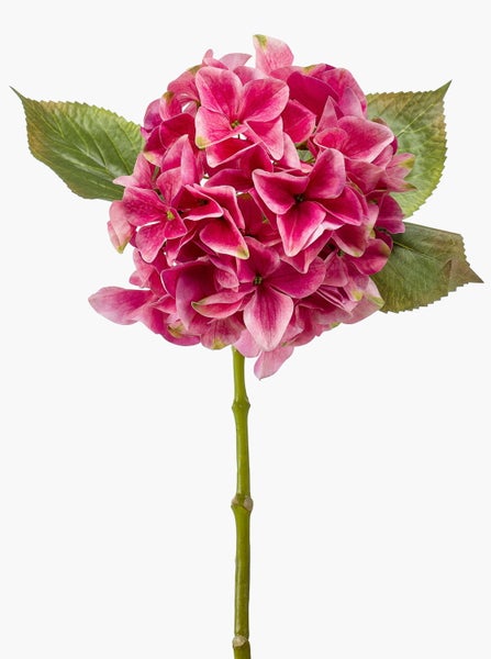 Künstliche Hortensie mit pinken Blüten, grünen Blättern und grünem Stiel.