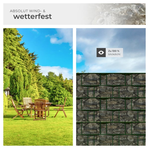 Gartenszene mit Gabionenwand und Sitzgruppe im Freien. Wind- und wetterfest sowie blickdicht.