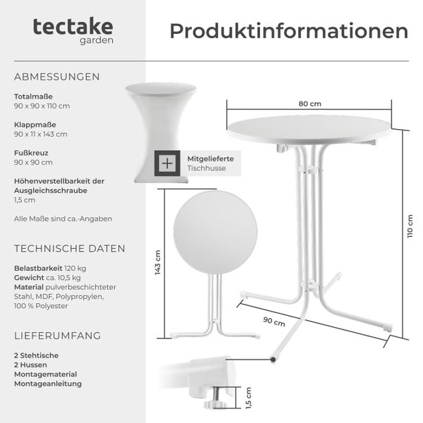 Produktinformationen zu Stehtischen von tectake garden mit Abmessungen und technischen Daten