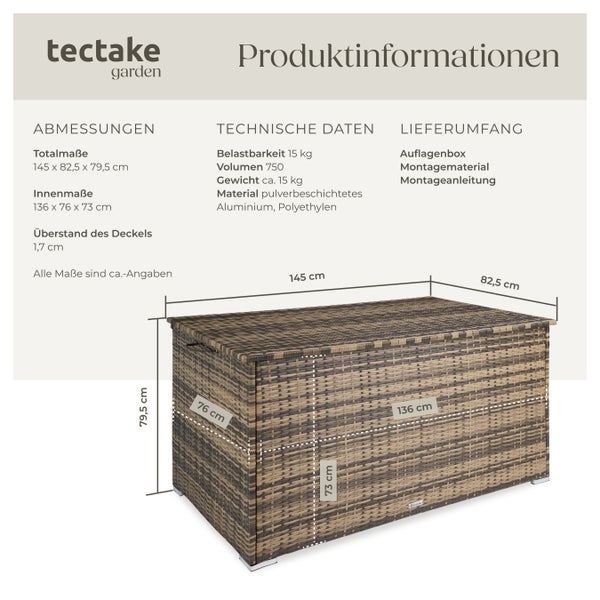 Auflagenbox tectake Oslo 145 x 82,5 x 79,5 cm 750 l, mit Aluminiumgestell und Rattangeflecht natur
