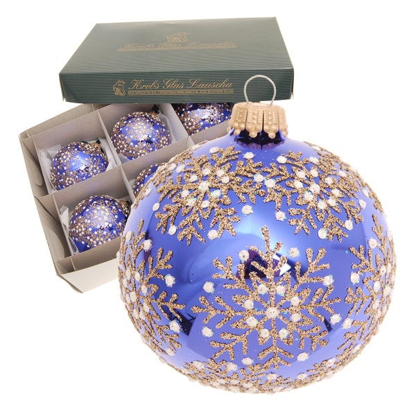 Royalblau glanz 8cm Glaskugel mit Schneeflocken gold/weiß, 6 Stck., Weihnachtsbaumkugeln, Christbaumschmuck, Weihnachtsbaumanhänger
