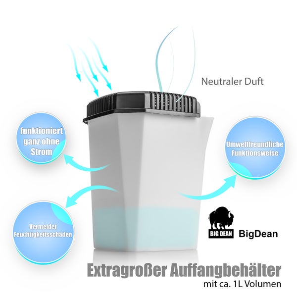 BigDean Luftentfeuchter ohne Strom mit circa 1 Liter Auffangbehälter, neutraler Duft, umweltfreundlich, vermeidet Feuchtigkeitsschäden.