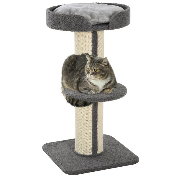 PawHut Kratzbaum klein 91 cm Katzenbaum mit Katzenbett, Katzenkratzbaum Spielbaum Kratzstamm mit Plattform für Katzen bis 5 kg Sisal Lammwolle Grau