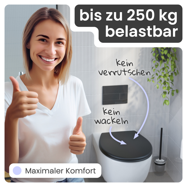 Abbildung eines spülrandlosen WCs mit einer Belastbarkeit von bis zu 250 Kilogramm, das nicht verrutscht und nicht wackelt für maximalen Komfort