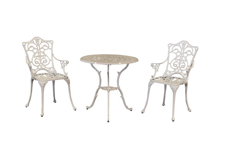 Gartenmöbelset mit Tisch und zwei Stühlen aus Metall