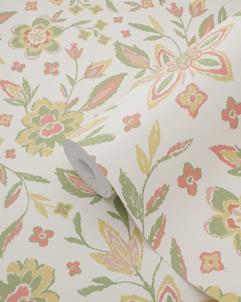 Vliestapete mit floralem Muster aus stilisierten Blumen und Blättern, Tapetenrolle.