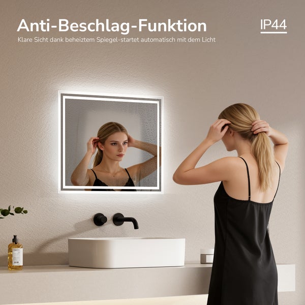 Quadratischer LED-Badezimmerspiegel mit Anti-Beschlag-Funktion, IP44 Schutzart und integrierter Beleuchtung über einem weißen Aufsatzwaschbecken.