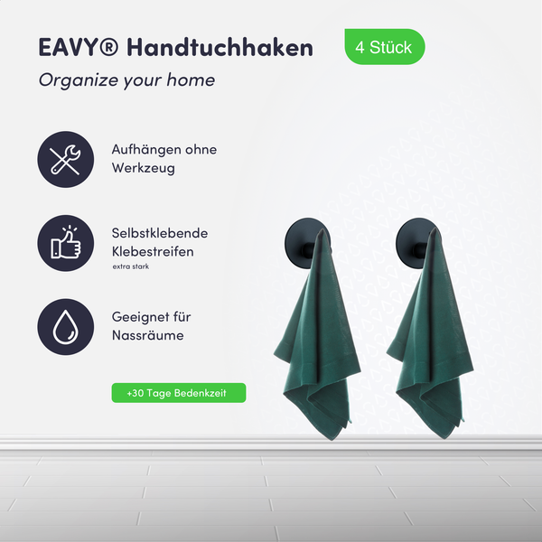 EAVY Handtuchhaken 4 Stück, selbstklebend ohne Werkzeug, geeignet für Nassräume, schwarze Rundhaken mit Handtüchern.