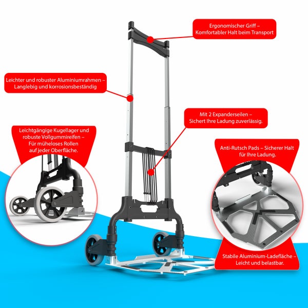 Sackkarre mit Aluminiumrahmen, ergonomischem Griff, zwei Spanngummis und Antirutschpads