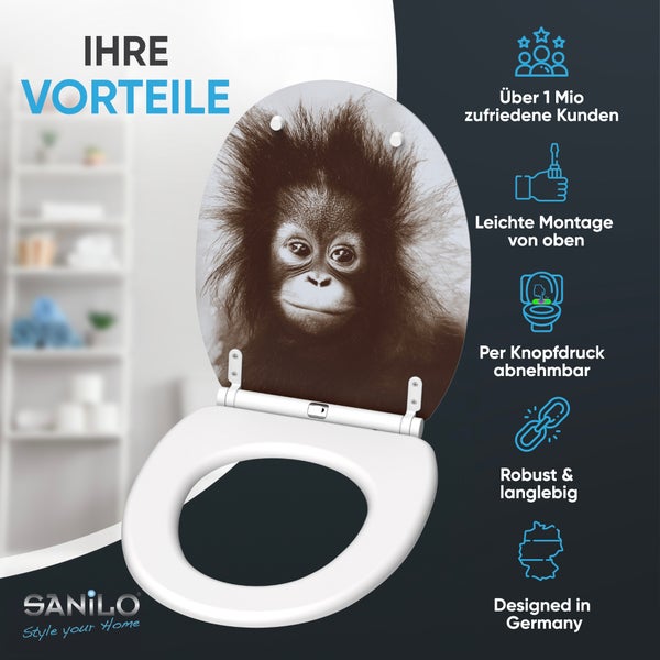 Sanilo WC Sitz mit Orang-Utan Motiv, inklusive Vorteile wie einfache Montage von oben und abnehmbarer Deckel per Knopfdruck.