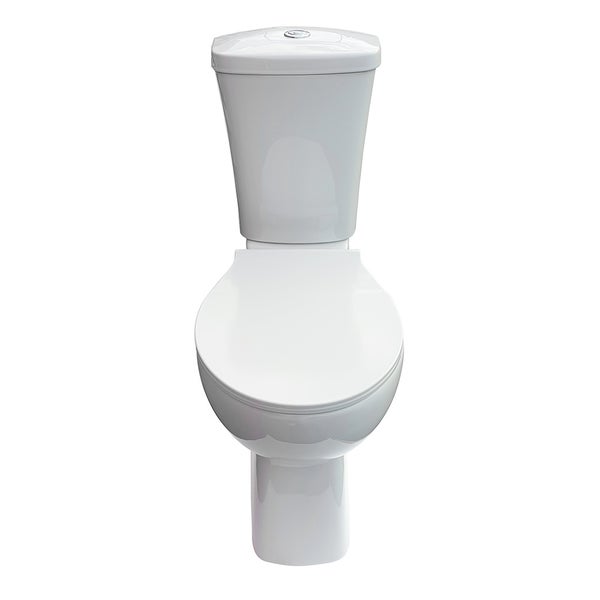 Bodenstehende Tiefspültoilette aus weißer Keramik mit Spülkasten und geschlossenem Toilettensitz.