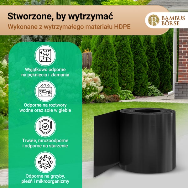 Bambus Börse Logo. Wurzelsperre aus Polyethylen hoher Dichte im Garten, bruchfest, frostbeständig sowie resistent gegen Salze und Pilze.
