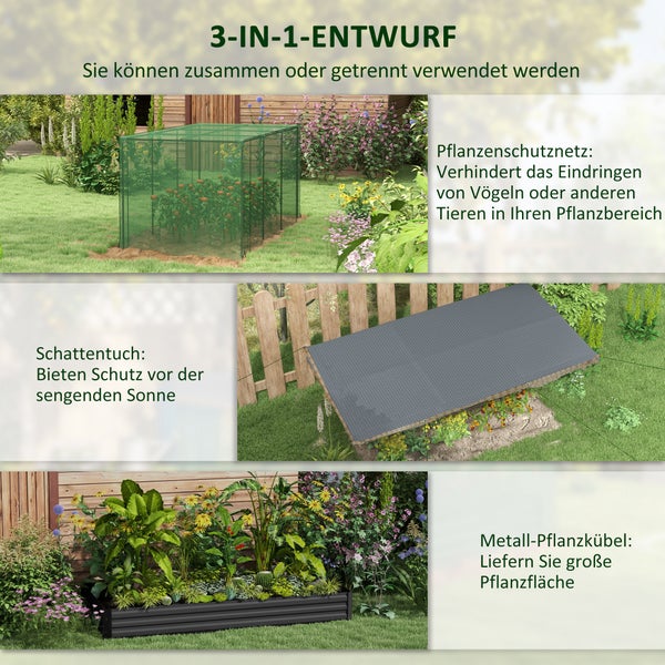 Outsunny Hochbeet Stahl, Pflanzkasten, Blumenkasten mit Vogelschutznetz, Sonnenschutz, Gartenbeet für Balkon, Terrasse, Dunkelgrau, 230 x 110 x 110 cm