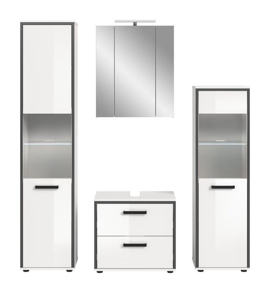 Badezimmermöbel Set in Weiß Hochglanz und Grau bestehend aus Hochschrank, Waschbeckenunterschrank, Spiegelschrank und Mittelschrank.
