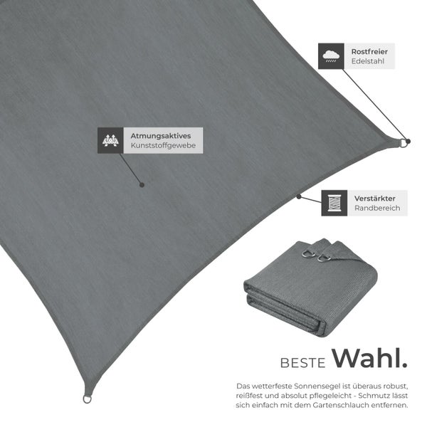 Graues Sonnensegel mit atmungsaktivem Kunststoffgewebe, rostfreiem Edelstahl und verstärktem Randbereich