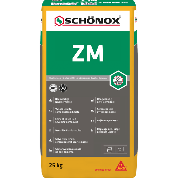 25 Kilogramm Sack Schönox ZM selbstverlaufende Nivelliermasse auf Zementbasis, 1 bis 15 Millimeter, emissionsarm, Schönox Logo, Sika Logo.
