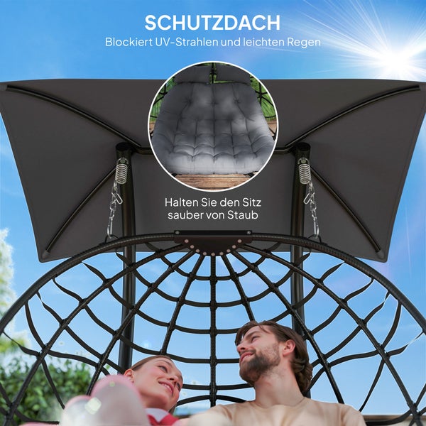 Outsunny Hängesessel mit Gestell faltbar Hängekorb mit Kissen Sonnenschutzdach Polyrattan Hängestuhl für 2 Personen Outdoor Hängeschaukel belastbar bis 260kg Sessel für Balkon Terrasse Dunkelgrau