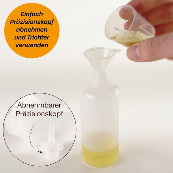 Befüllbare Kunststoffflasche mit abnehmbarem Präzisionskopf und Trichter zum einfachen Einfüllen von Flüssigkeiten.