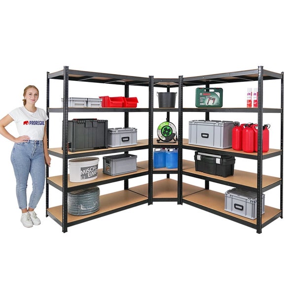 PROREGAL Mega Deal 1 x Eckregal & 2x Schwerlastregal Taurus HxBxT 180 x 210 x 60 cm Fachlast 175 kg Schwarz Kellerregal Steckregal Garagenregal
