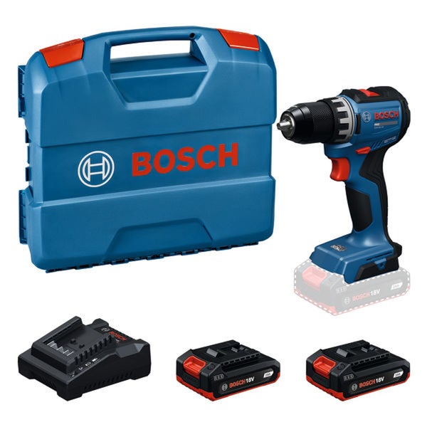 Bosch Akkubohrschrauber 18 Volt inklusive zwei Akkus, Ladegerät und Werkzeugkoffer.