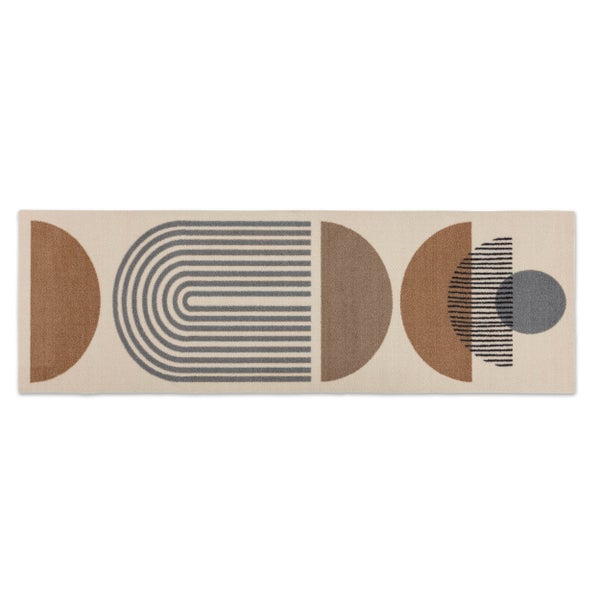 Moderner Teppich-Läufer in Beige mit geometrischem Muster in Braun und Grau aus Halbkreisen, Bögen und Linien.