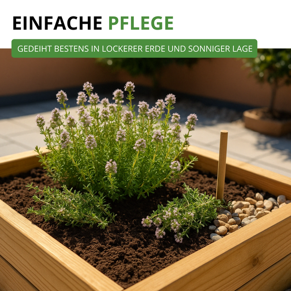 Blühende Thymianpflanzen in einem hölzernen Hochbeet auf einer sonnigen Terrasse mit Hinweis auf einfache Pflege.