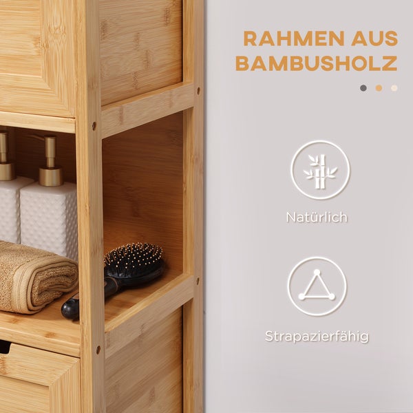 kleankin Badezimmerschrank Badschrank Aufbewahrungsschrank mit Kippschutz aus Bambus, Unterschrank mit 2 Schubladen, Lanfhausstil Beistellschrank, Naturholz, 30 x 30 x 90 cm