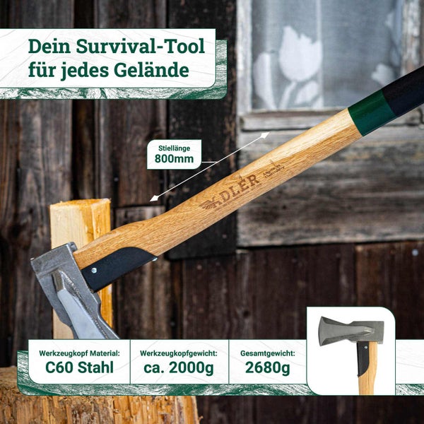 Spaltaxt von Adler mit 800 Millimeter Stiel, Stahlkopf aus C60 Stahl mit 2000 Gramm Gewicht und Gesamtgewicht von 2680 Gramm.