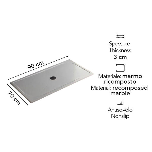 Duschwanne aus Mineralguss, Maße 90 mal 70 Zentimeter, Stärke 3 Zentimeter, rutschhemmende Oberfläche.