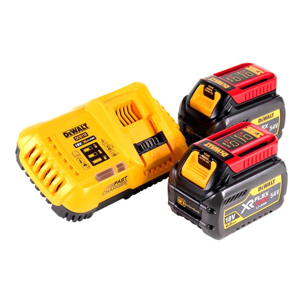 DeWalt Akku-Starterset bestehend aus einem Schnellladegerät DCB118 und zwei XR Flexvolt Akkus mit 18 Volt beziehungsweise 54 Volt.