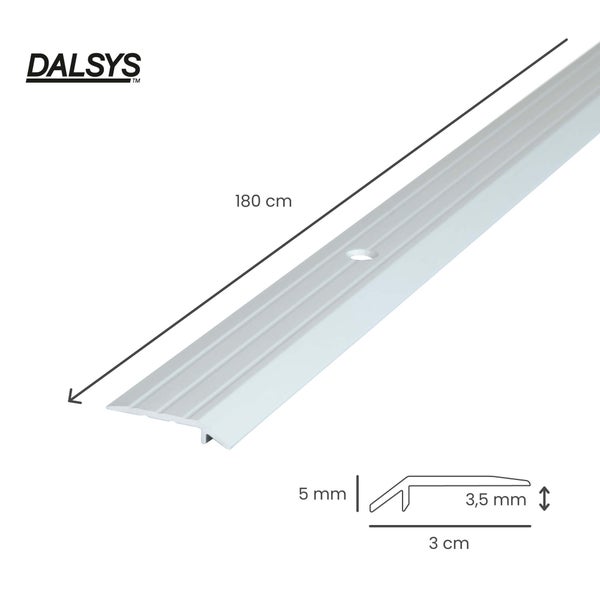 Dalsys Logo, Übergangsprofil aus Aluminium, 180 Zentimeter lang, 3 Zentimeter breit, 5 Millimeter hoch, 3,5 Millimeter dick, mit Bohrlöchern.