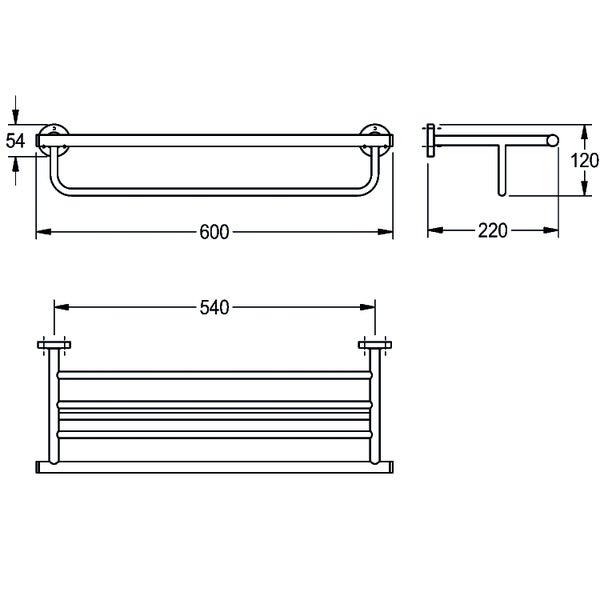 Maßzeichnung eines Handtuchhalters mit Abmessungen in Millimeter: Breite 600, Tiefe 220 und Höhe 120.