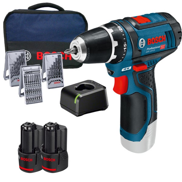 Bosch Akku-Bohrschrauber GSR 12V-15 / 2x 3,0 Ah Akku + Ladegerät inkl. Bit und Bohrer-Set 39tlg. im Softbag - 0615990GA9-II