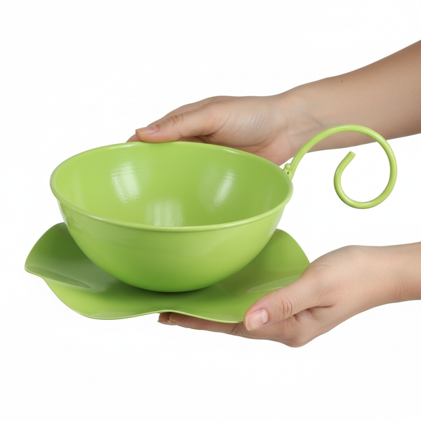 Pflanzgefäß aus Metall in Form einer Tasse mit Untertasse, von Händen gehalten.