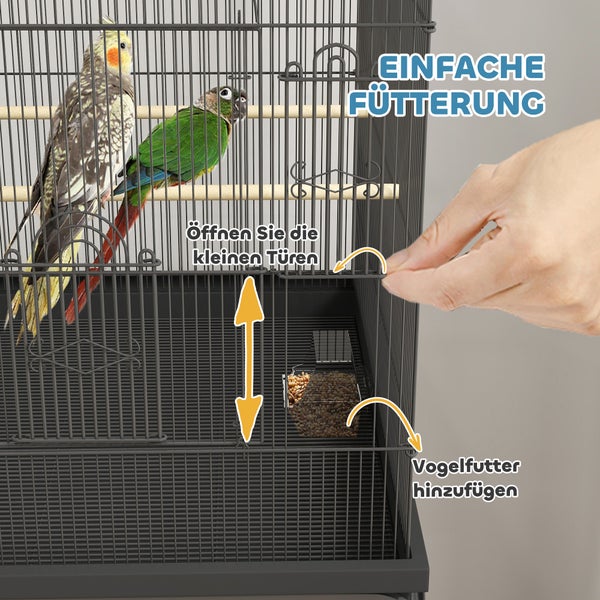 PawHut Vogelkäfig Wellensittichkäfig mit Tablett, Ablagefläche, Futternapf, Papagei Käfig mit Rollen für Wellensittich, Kanarien, Nymphensittich, Stahl 63 x 53 x 144 cm Schwarz